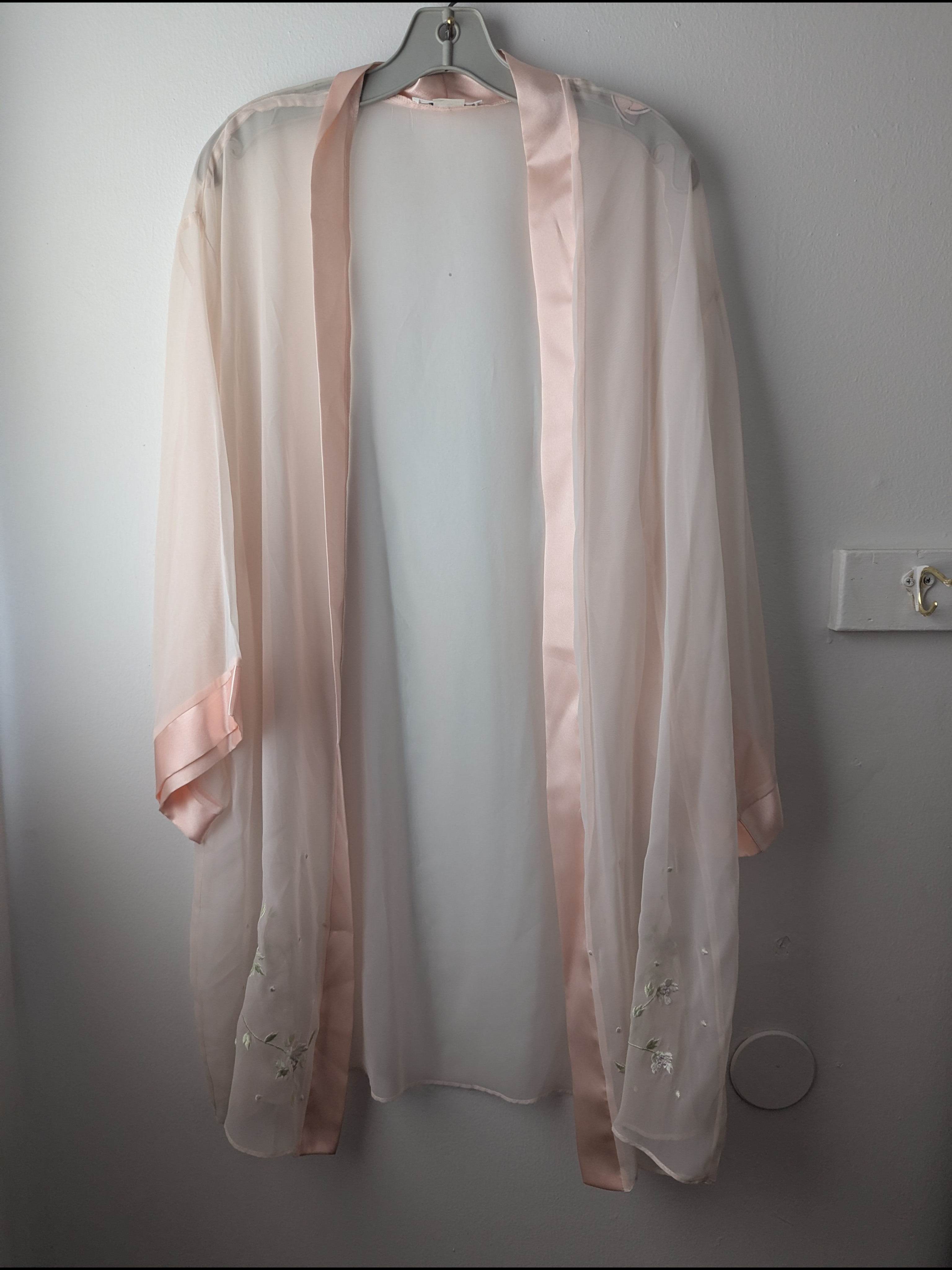 Josie Sheer Pale Pink Satin-Trim Kimono Robe - Lightweight Elegant Lounge Robe S